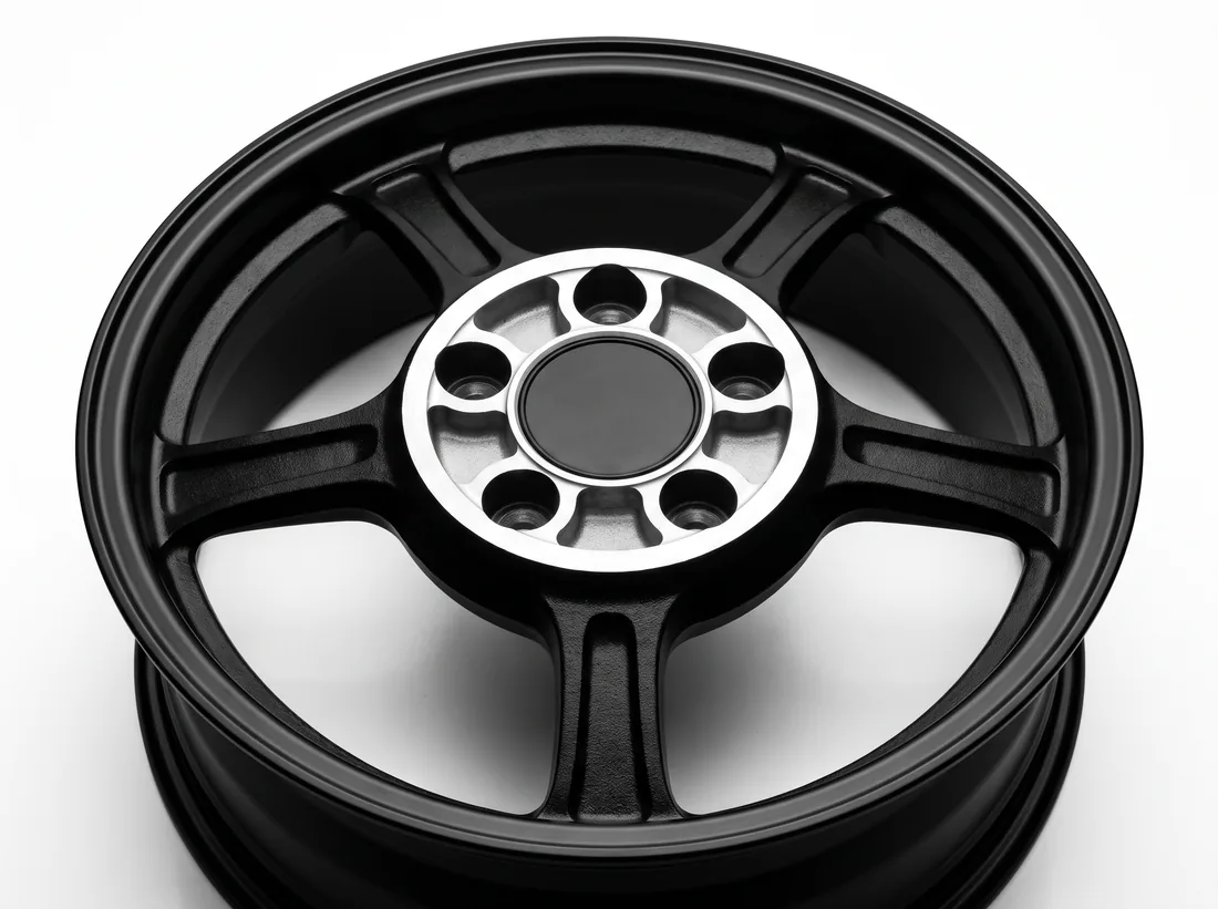 The reverse of a black alloy wheel, showing the machined hub face, the bolt holes and the centre bore.